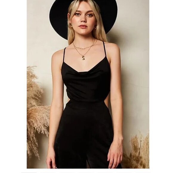 ENDLESS blu women's black cowl neck Criss Cross Open Back jumpsuit - Picture 7 of 7